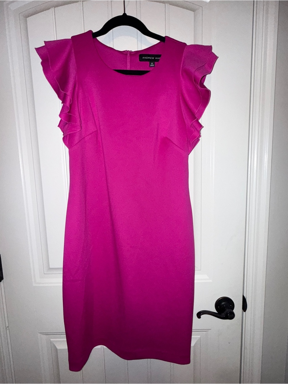 Andrew Marc Bright Fuchsia Ruffle Sleeve Midi Sheath Dress
